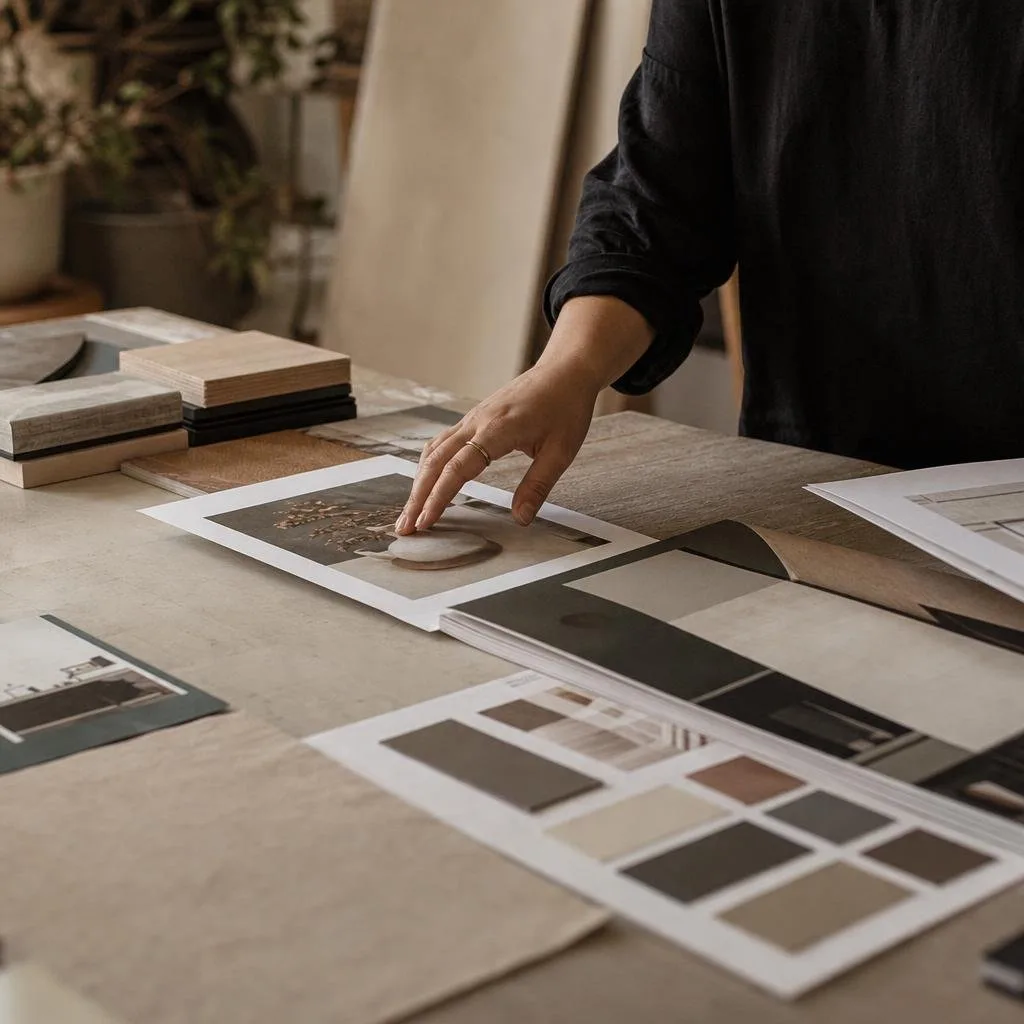 Studio desk with brand boards and material samples